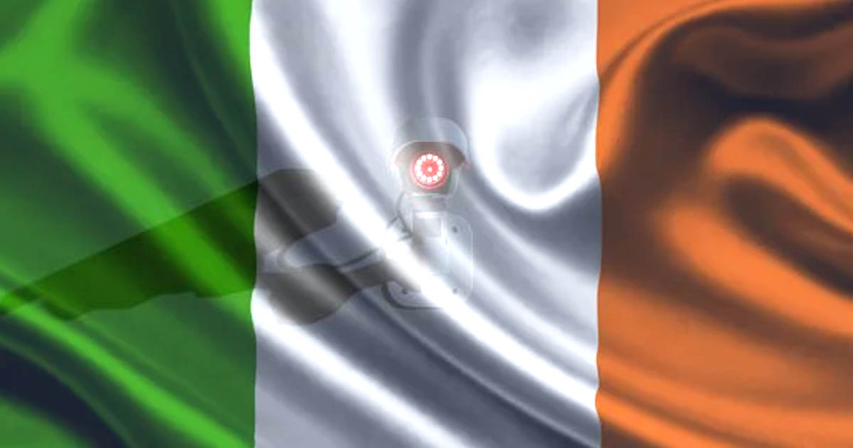 Irish government building with surveillance camera overlay