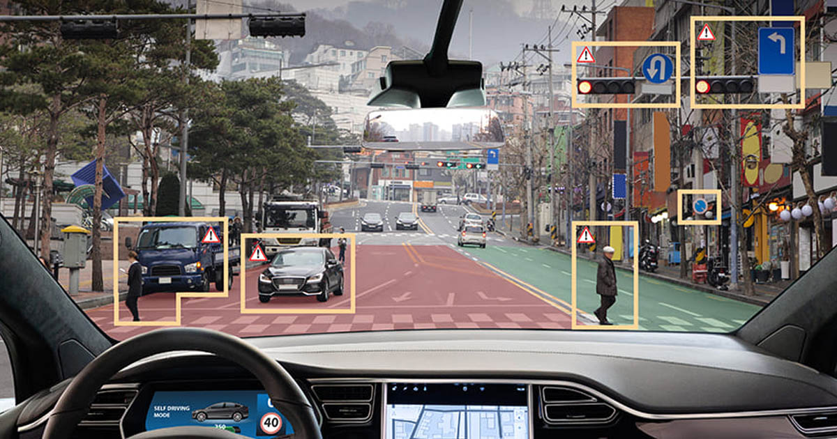 Self-driving car camera view with adversarial road sign